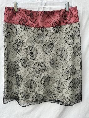 Maison Mayle Floral Lace Overlay Designer Skirt with Pink Waistband Size 10